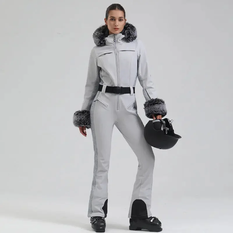 Chic Faux-Fur Hood One-piece Snowsuits Slim Fit Ski Jumpsuits