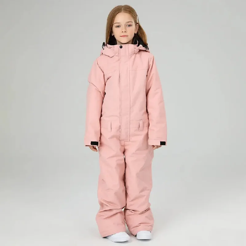 Children One Piece Ski Jumpsuits Waterproof Hooded Snowsuits