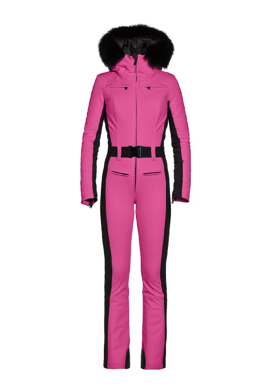 Goldbergh Parry One Piece Longer Length Ski Suit in Pink with Faux Fur Hood