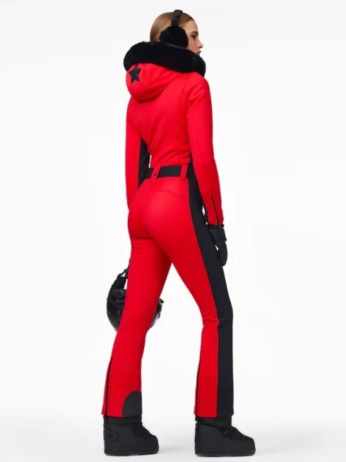 Goldbergh Parry One Piece Ski Suit in Flame Red with Fur Hood