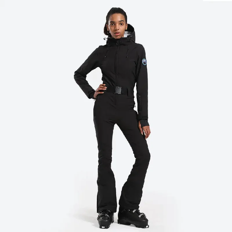 Women Hooded One Piece Ski Jumpsuits Belted Slim Fit Snowsuits Top Level