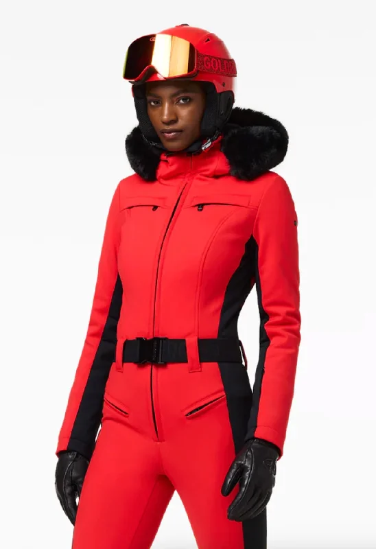 Goldbergh Parry One Piece Ski Suit in Flame Red with Faux Fur Hood