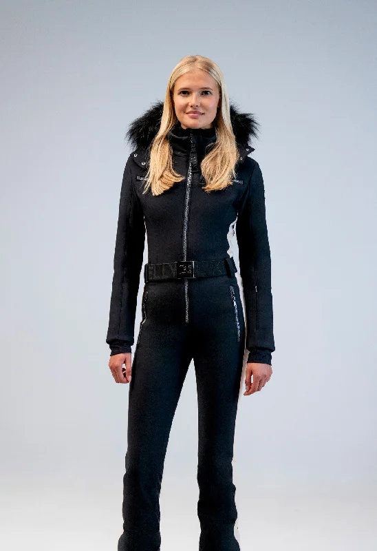 Kelly by Sissy Snowbell Softshell One Piece Ski Suit in Black with Fur