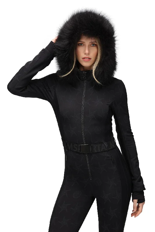 Sportalm One Piece Star Print Ski Suit in Black with Fur Hood